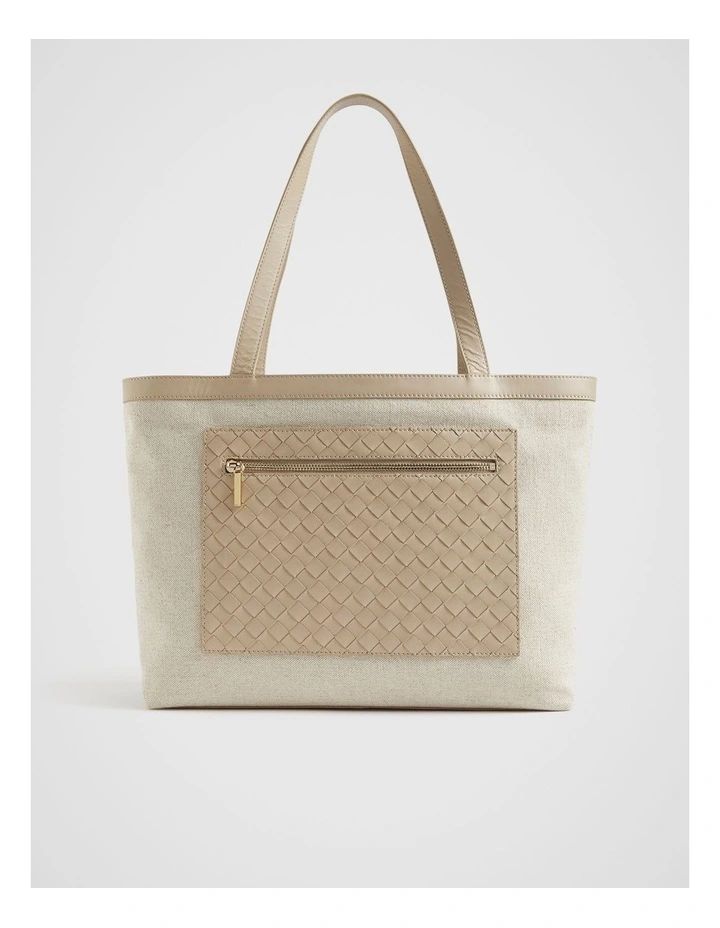 Leather Woven Fabric Tote Bag in Champagne Beige image 1