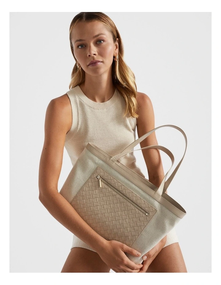 Leather Woven Fabric Tote Bag in Champagne Beige image 2