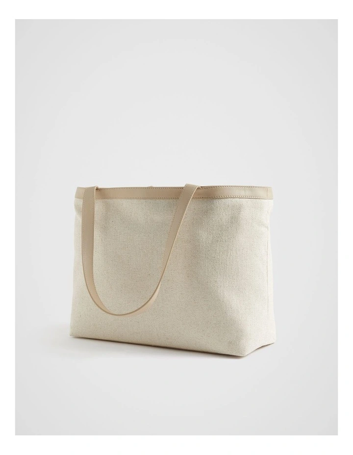 Leather Woven Fabric Tote Bag in Champagne Beige image 3