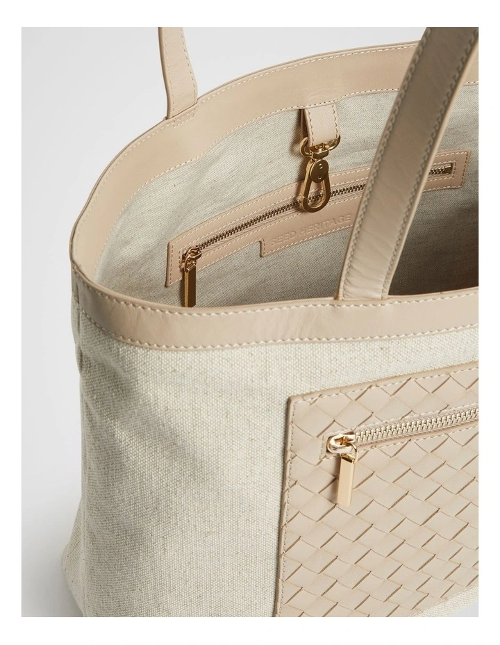Leather Woven Fabric Tote Bag in Champagne Beige image 4