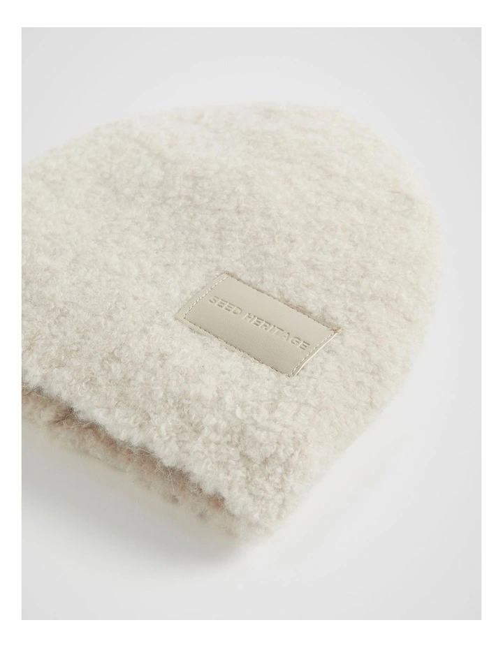Boucle Logo Detail Beanie in Oat image 3