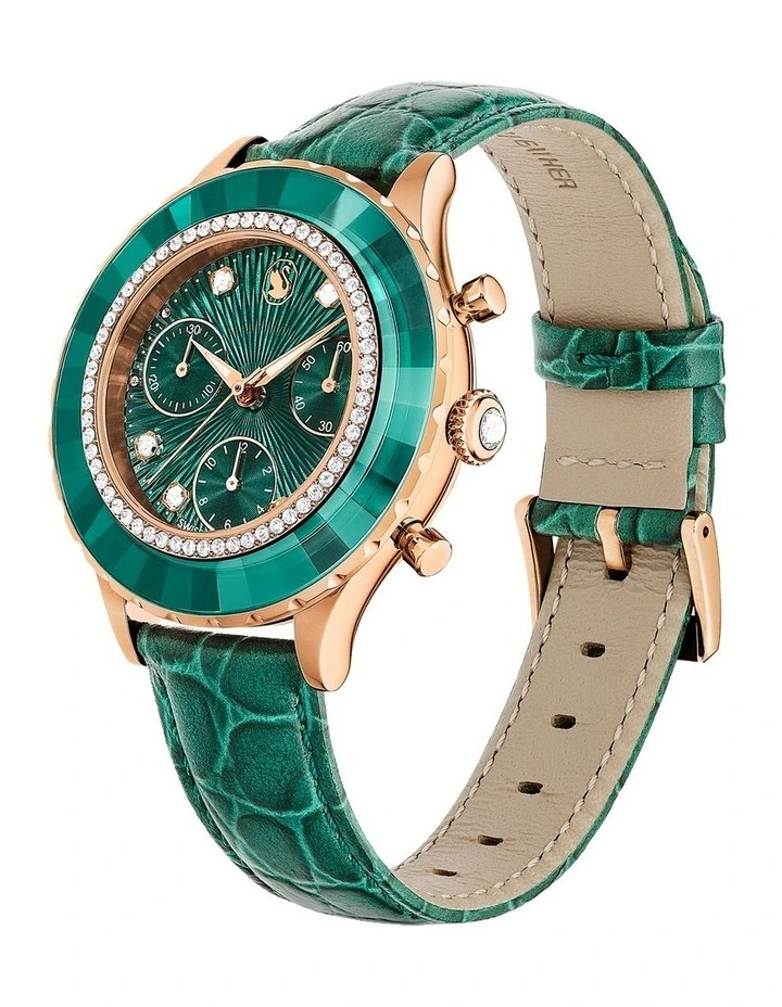 Octea Chrono Swiss Made Leather Strap Rose Gold-Tone Plated Watch in Green image 2
