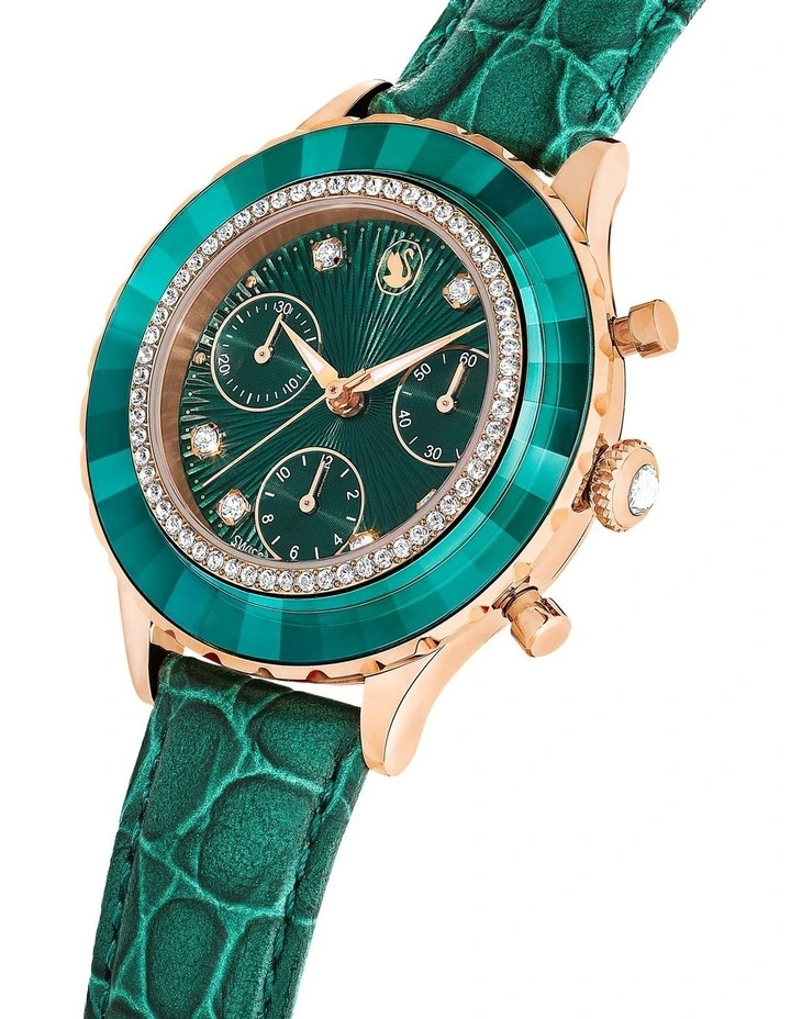 Octea Chrono Swiss Made Leather Strap Rose Gold-Tone Plated Watch in Green image 4