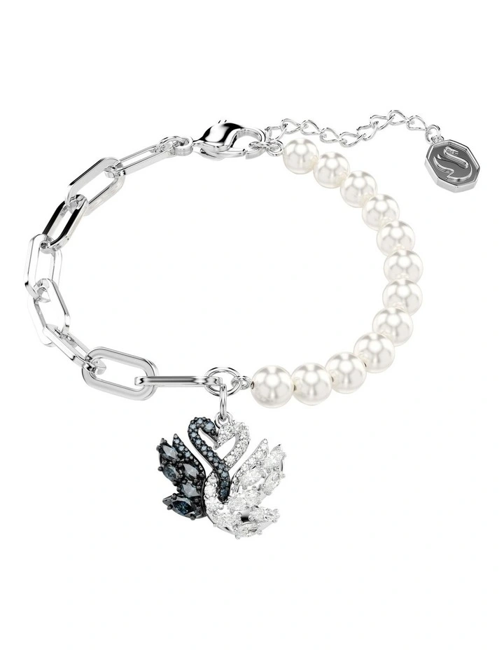 Swan Crystal Pearl Rhodium Plated Bracelet in Black image 1