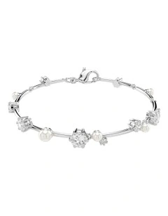 Constella Tennis Crystal Pearl Round Cuts Rhodium Plated Bracelet in White