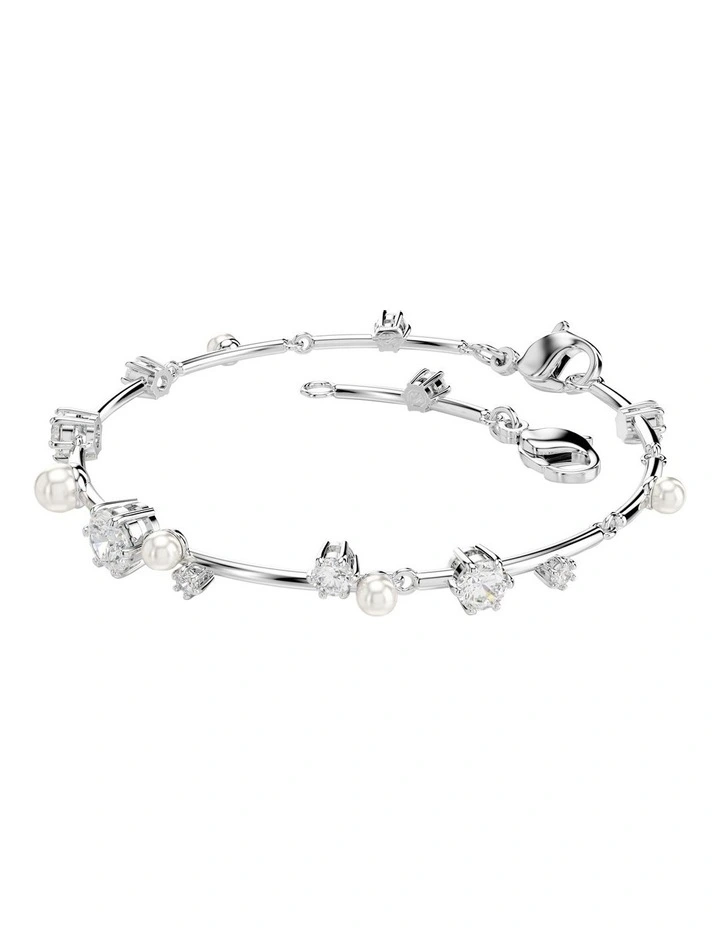 Constella Tennis Crystal Pearl Round Cuts Rhodium Plated Bracelet in White image 2