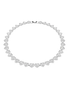 Mixed Cuts Heart Rhodium Plated Tennis Necklace in White