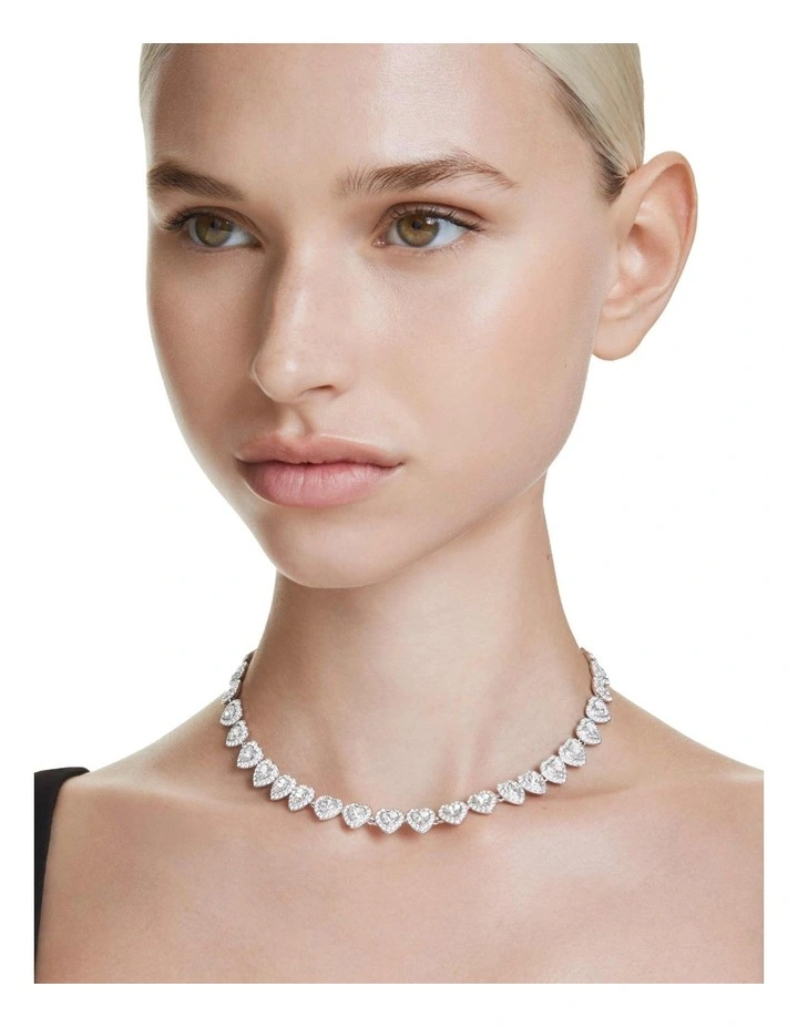 Mixed Cuts Heart Rhodium Plated Tennis Necklace in White image 6