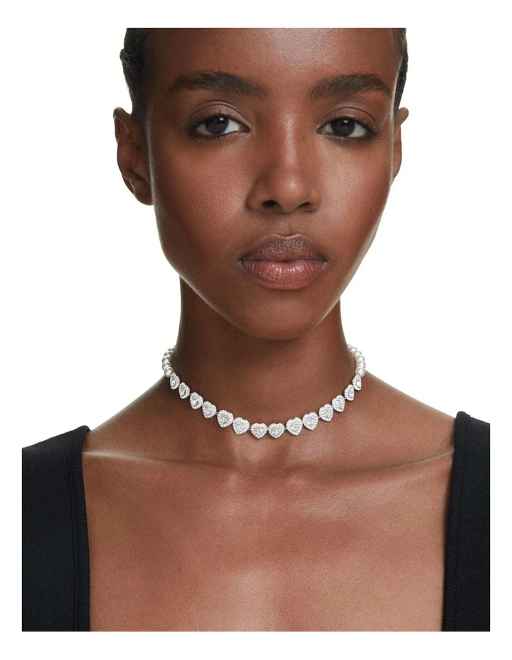 Mixed Cuts Heart Rhodium Plated Tennis Choker in White image 6