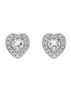 Mixed Cuts Heart Rhodium Plated Stud Earrings in White