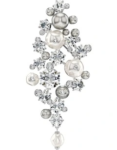 Constella Round Cut Rhodium Plated Crystal Pearl Brooch in White