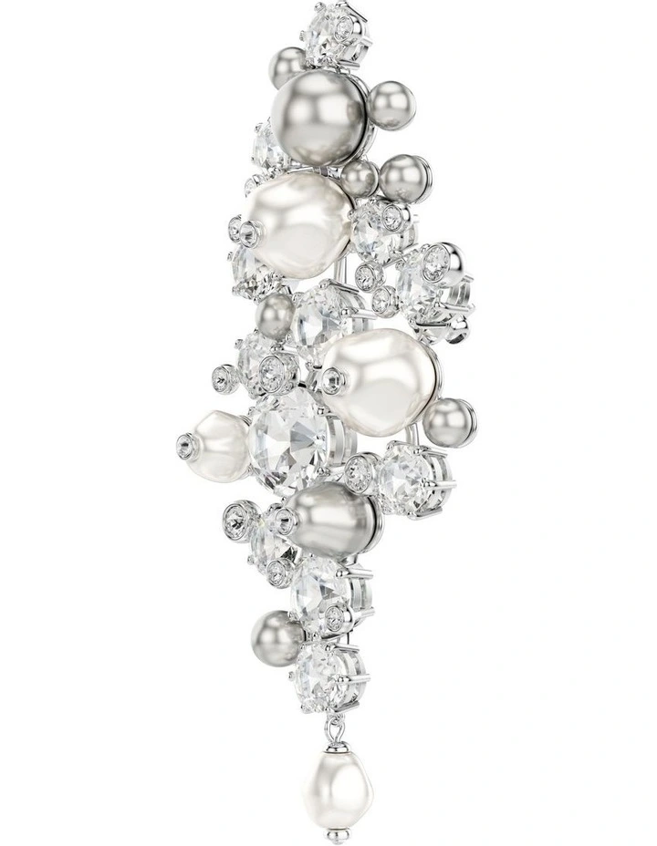 Constella Round Cut Rhodium Plated Crystal Pearl Brooch in White image 2