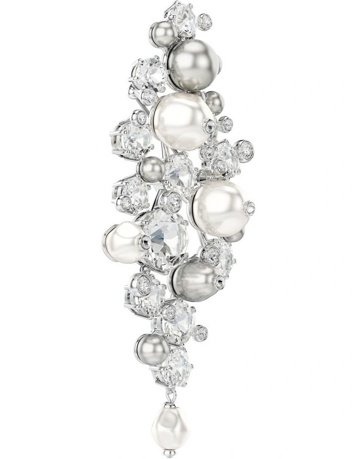 Constella Round Cut Rhodium Plated Crystal Pearl Brooch in White image 3