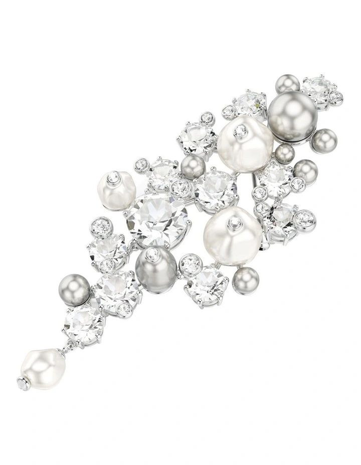 Constella Round Cut Rhodium Plated Crystal Pearl Brooch in White image 4