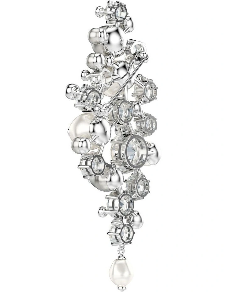 Constella Round Cut Rhodium Plated Crystal Pearl Brooch in White image 5