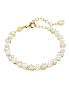 Matrix Tennis Bracelet Crystal Pearl Round Cut Gold-Tone Plated in White