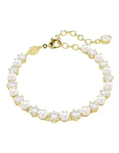 Matrix Tennis Bracelet Crystal Pearl Round Cut Gold-Tone Plated in White