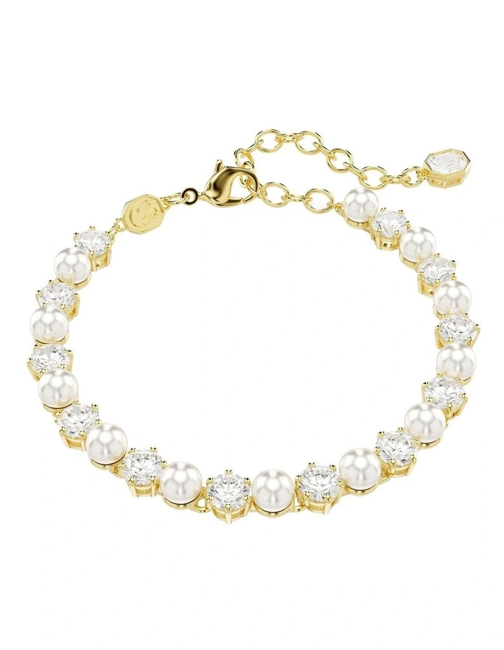 Matrix Tennis Bracelet Crystal Pearl Round Cut Gold-Tone Plated in White image 1