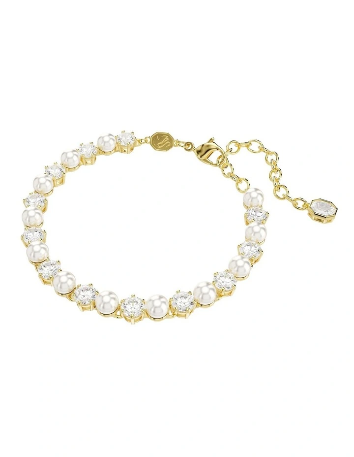 Matrix Tennis Bracelet Crystal Pearl Round Cut Gold-Tone Plated in White image 2