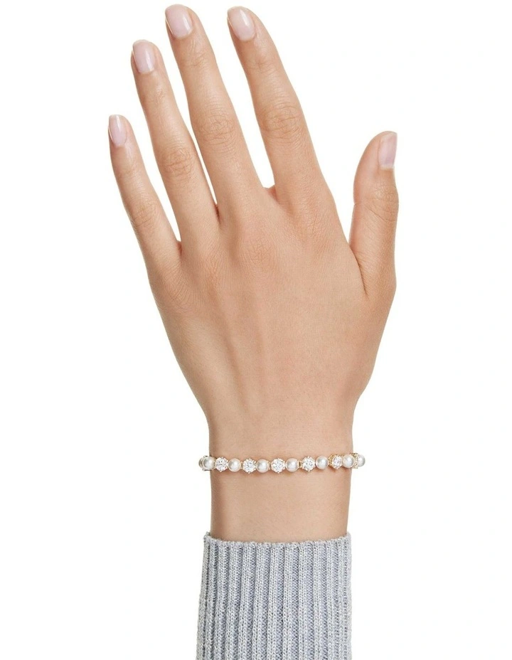 Matrix Tennis Bracelet Crystal Pearl Round Cut Gold-Tone Plated in White image 6