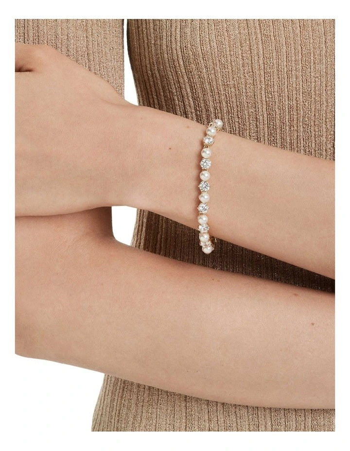Matrix Tennis Bracelet Crystal Pearl Round Cut Gold-Tone Plated in White image 7