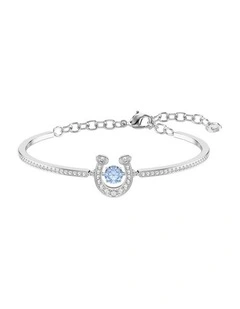 Round Cut Pav Horse Shoe Rhodium Plated Symbolica Bangle in Blue