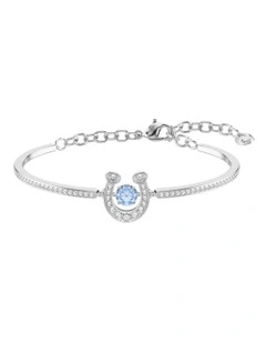 Round Cut Pav Horse Shoe Rhodium Plated Symbolica Bangle in Blue
