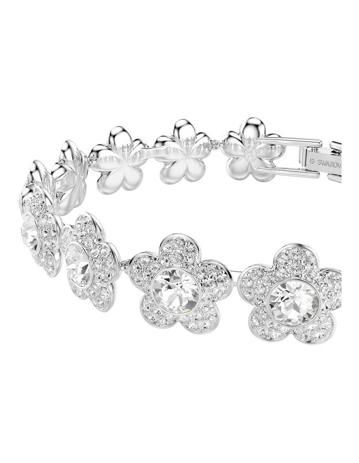 Round Cut Flower Rhodium Plated Bracelet in White image 4