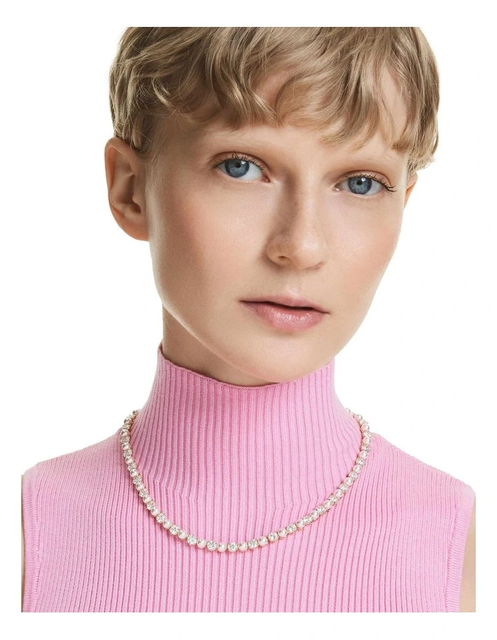 Matrix Tennis Crystal Pearl Round Cut Gold-Tone Plated Necklace in White image 6