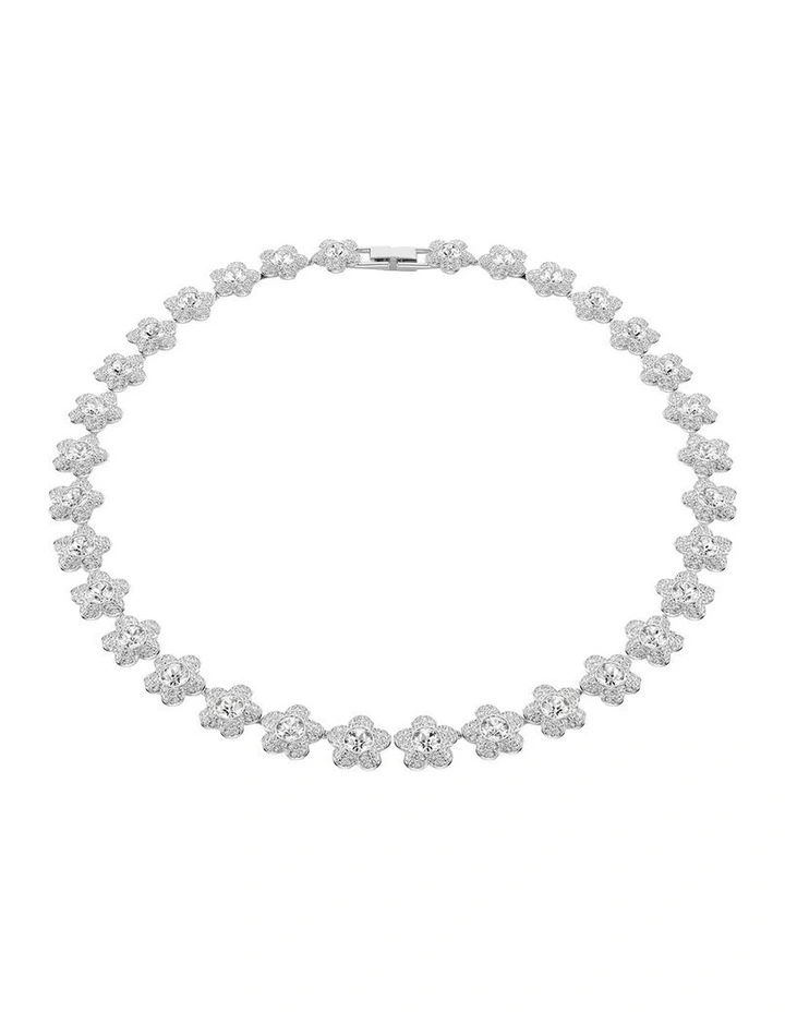 Round Cut Flower Rhodium Plated Necklace in White image 1