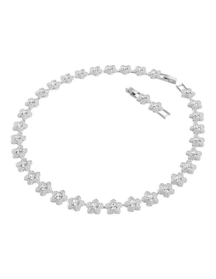 Round Cut Flower Rhodium Plated Necklace in White image 2