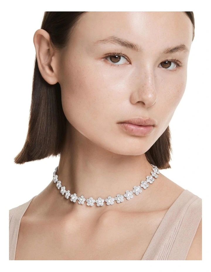Round Cut Flower Rhodium Plated Necklace in White image 6