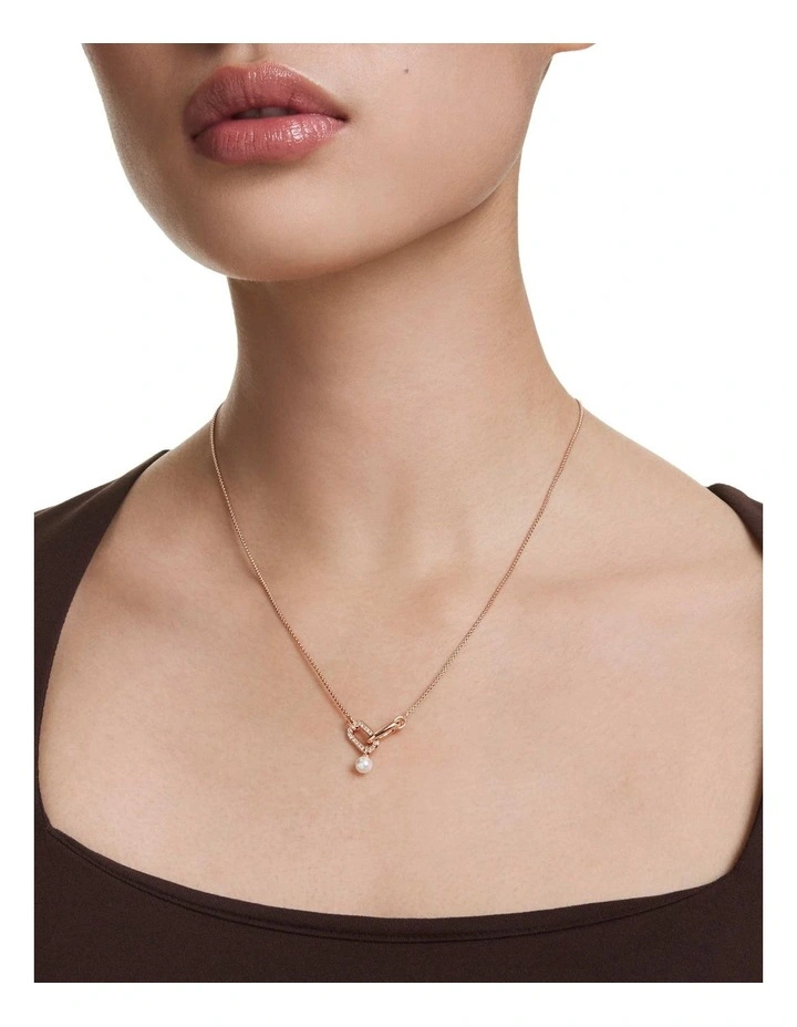 Constella Crystal Pearl Round Cut Rose Gold-Tone Plated Pendant in White image 6