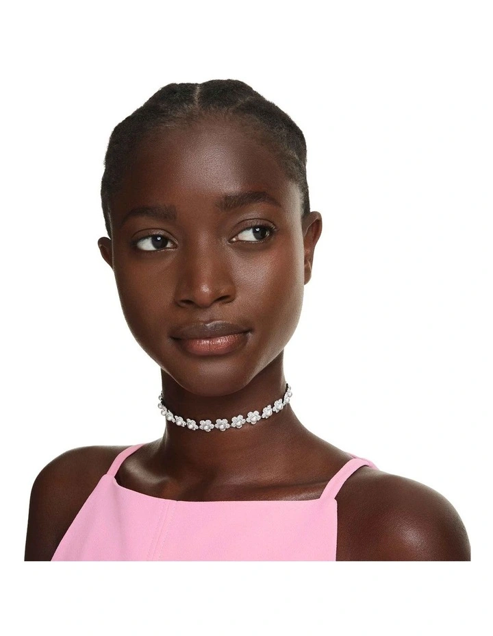 Crystal Pearl Round Cut Rhodium Plated Choker in White image 6