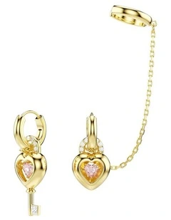 Idyllia With Ear Cuff Mixed Cuts Heart With Key Gold-Tone Plated Drop Earrings in Pink