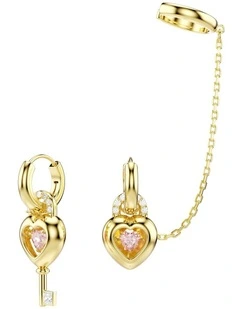 Idyllia With Ear Cuff Mixed Cuts Heart With Key Gold-Tone Plated Drop Earrings in Pink