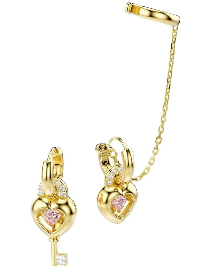 Idyllia With Ear Cuff Mixed Cuts Heart With Key Gold-Tone Plated Drop Earrings in Pink image 3