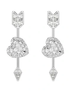 Idyllia Mixed Cuts Heart With Arrow Rhodium Plated Drop Earrings in White