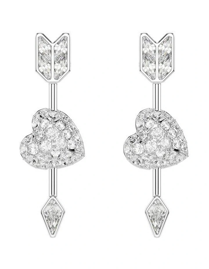 Idyllia Mixed Cuts Heart With Arrow Rhodium Plated Drop Earrings in White image 1