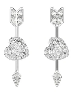 Idyllia Mixed Cuts Heart With Arrow Rhodium Plated Drop Earrings in White