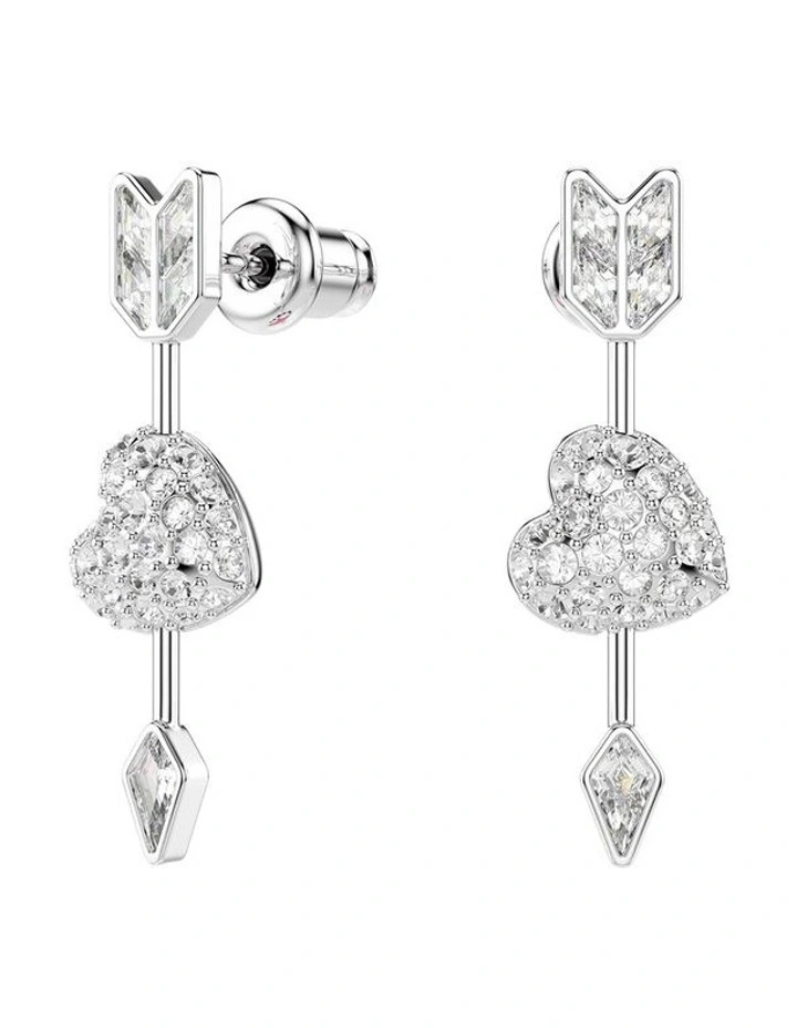 Idyllia Mixed Cuts Heart With Arrow Rhodium Plated Drop Earrings in White image 2