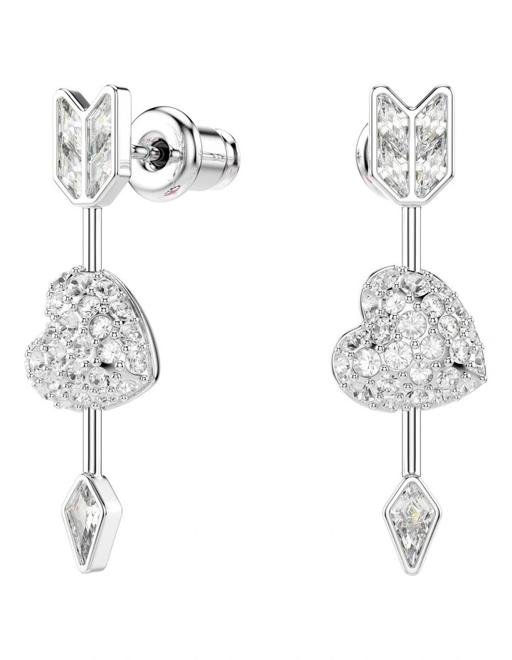 Idyllia Mixed Cuts Heart With Arrow Rhodium Plated Drop Earrings in White image 2