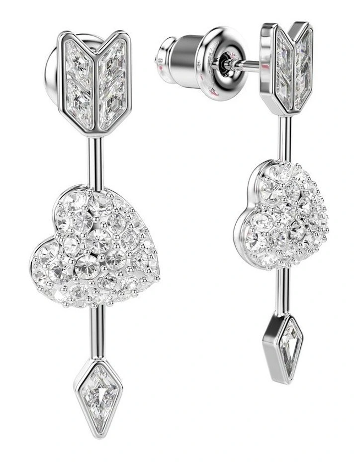 Idyllia Mixed Cuts Heart With Arrow Rhodium Plated Drop Earrings in White image 3