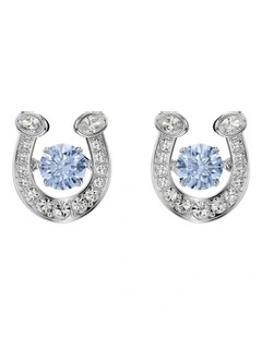 Symbolica Round Cut Pav Horse Shoe Rhodium Plated Stud Earrings in Blue