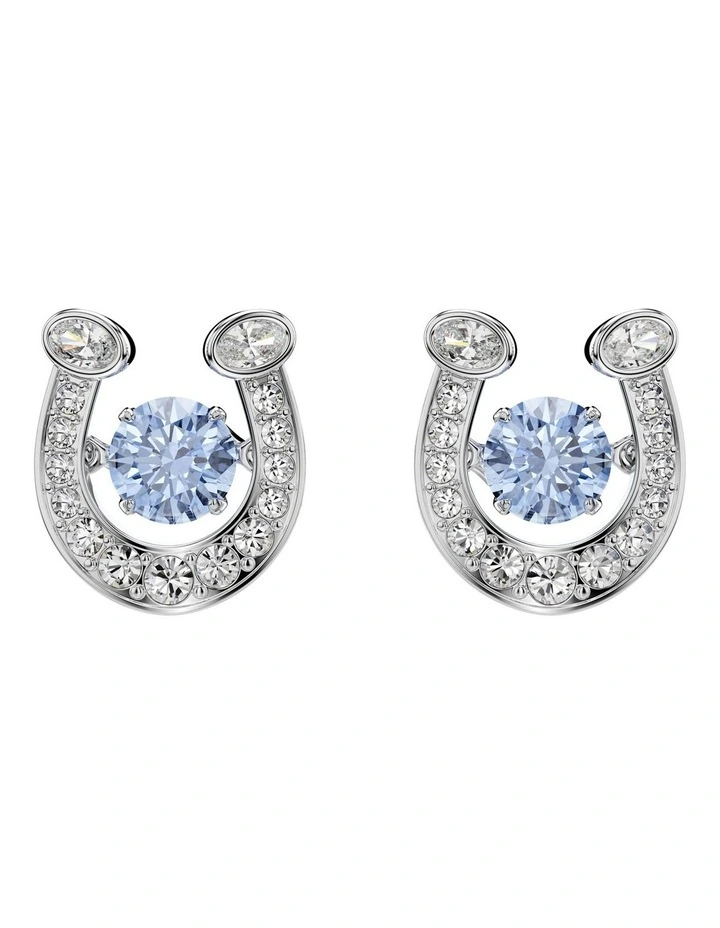 Symbolica Round Cut Pav Horse Shoe Rhodium Plated Stud Earrings in Blue image 1