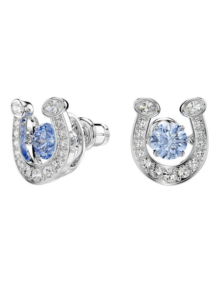 Symbolica Round Cut Pav Horse Shoe Rhodium Plated Stud Earrings in Blue image 2