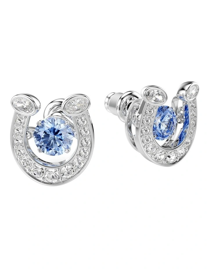 Symbolica Round Cut Pav Horse Shoe Rhodium Plated Stud Earrings in Blue image 3