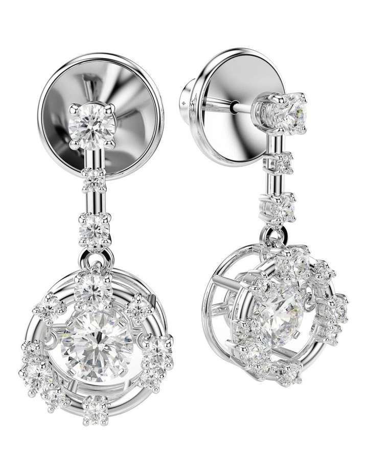 Constella Round Cut Dancing Stone Rhodium Plated Drop Earrings in White image 3
