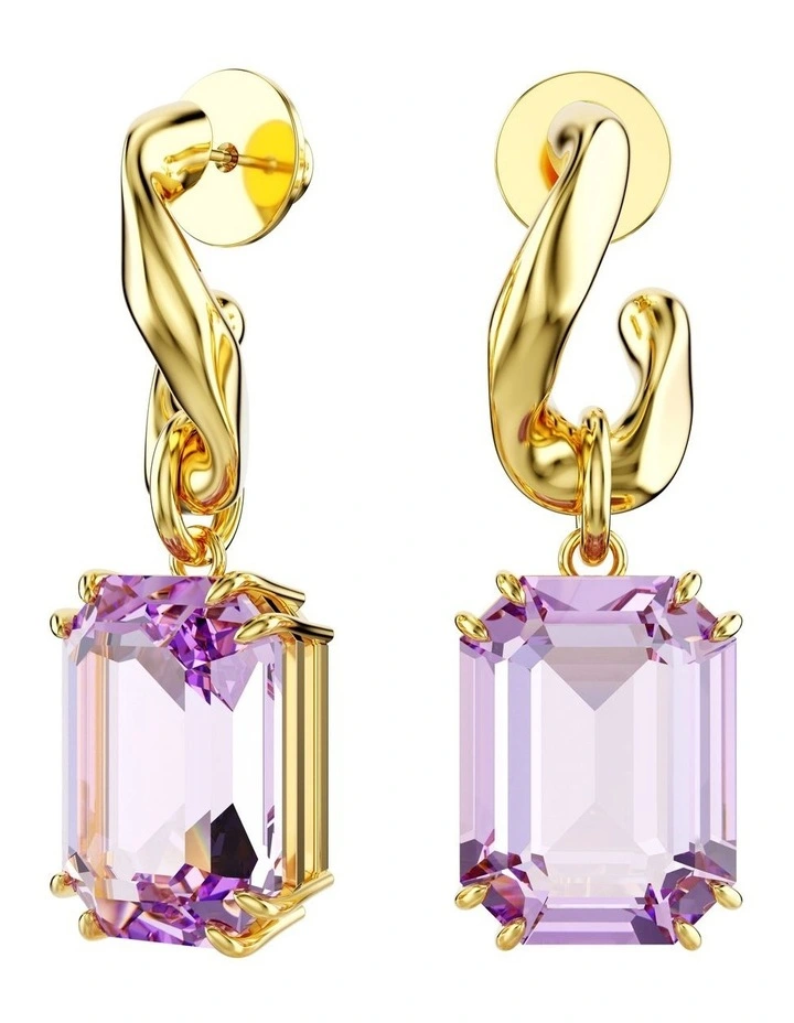 Octagon Cut Gold-Tone Plated Millenia Drop Earrings in Purple image 2