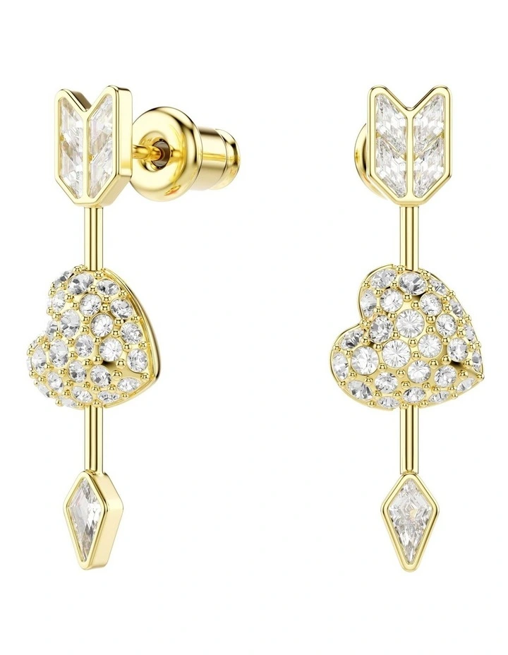 Mixed Cuts Heart With Arrow Gold-Tone Plated Idyllia Drop Earrings in White image 2